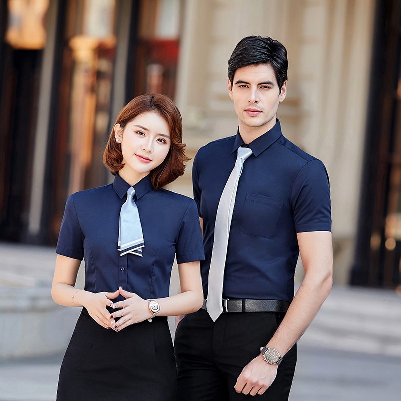 修身通勤细斜纹短袖衬衫（男+女）(图3)