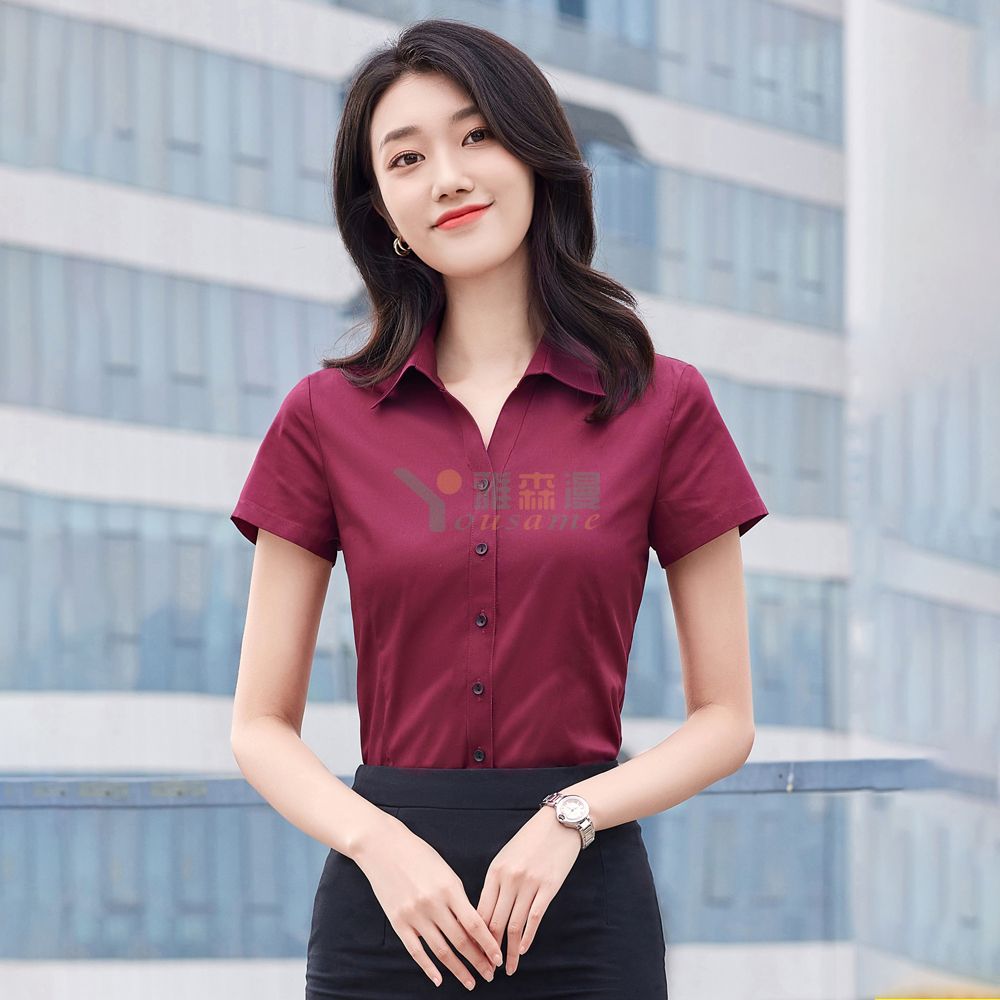 暗扣V领短袖衬衫（女）