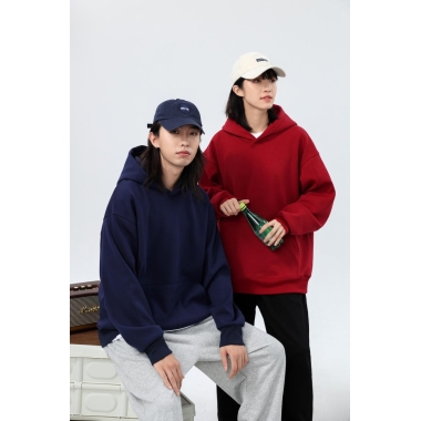 加绒落肩连帽口袋卫衣